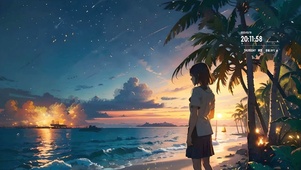 傍晚海边沙滩看日落的少女