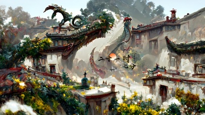 4K古风国风龙形梦幻村庄