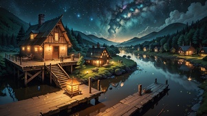 4K唯美星空河流乡村夜景