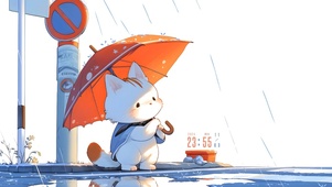 雨中撑伞猫咪