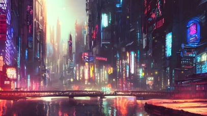 夜晚河边赛博朋克城市