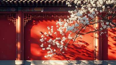 4K唯美简约古风文艺红墙樱花