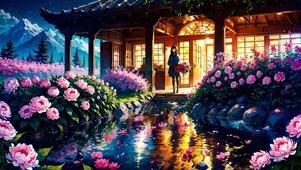 夜晚开满鲜花的小院