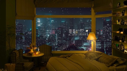 温馨冬日雪天都市夜景卧室