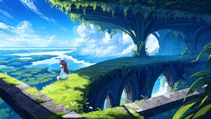 空中之城看风景的小女孩