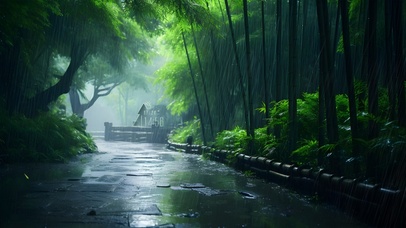 护眼雨中竹林	