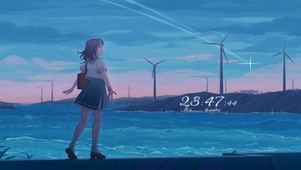 夏日黄昏海边少女
