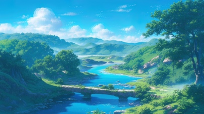 绿色护眼青山石桥溪流