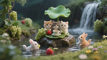 荷叶下的猫咪和玩水的兔子2