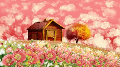 晚霞花开和小屋