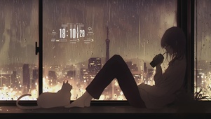 孤独雨夜 少女与白猫