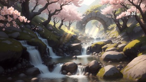 唯美樱花瀑布小溪