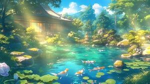唯美治愈庭院锦鲤荷塘