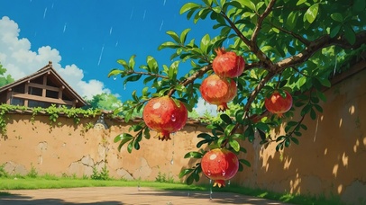 雨天古院石榴树