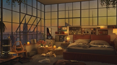 唯美治愈雨夜城市房间