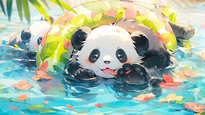 调皮熊猫泳池玩耍