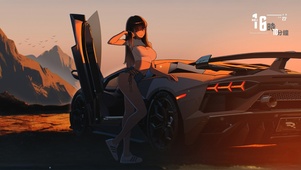 唯美夕阳汽车少女