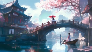 桥上撑伞姑娘