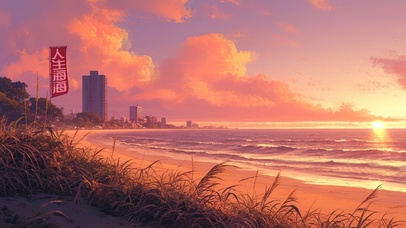 落日海边城市海岸线