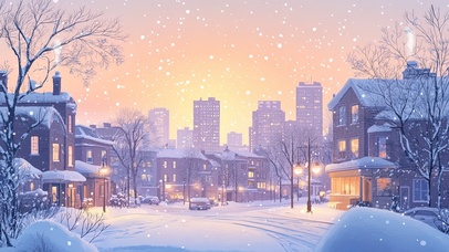 大雪纷飞中的城市晚霞