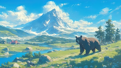 雪山草原溪流棕熊