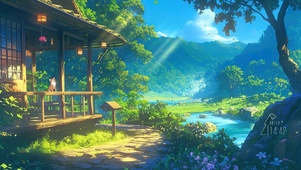 溪边小路木屋