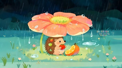 花朵下躲雨小刺猬