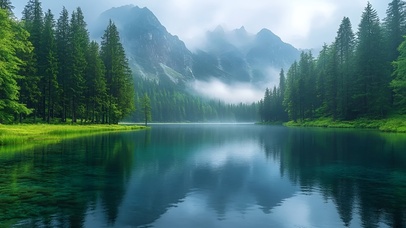 雾绕青山，湖映翠影