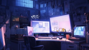 温馨夜晚电脑房间