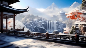 4K唯美古风楼台雪景