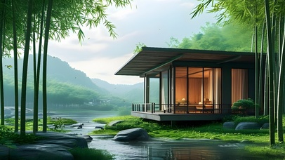 绿色大自然竹林小屋风景