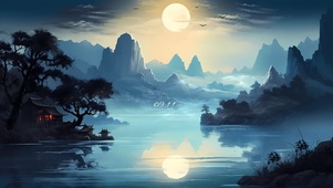 4K古风水墨山水月夜