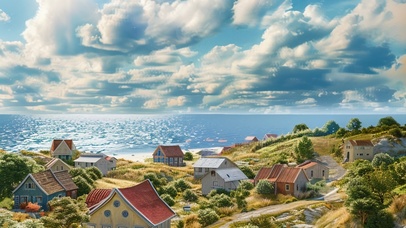 蓝天白云海边 乡村田园小镇