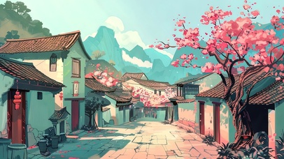 山花烂漫的古镇街道