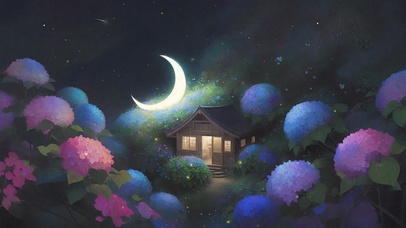 梦幻月夜绣球花小屋