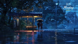 雨天治愈车站等候女孩