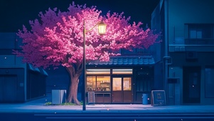 安静的夜晚樱花小店