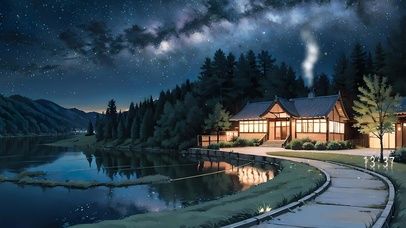治愈夜晚湖边小屋
