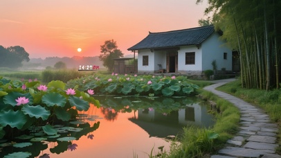 黄昏屋前荷花池
