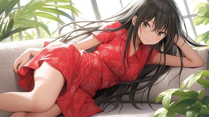 沙发上红衣少女