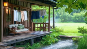 晾晒衣服的溪边小屋