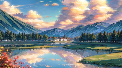 4K唯美治愈梦幻晚霞村庄湖景