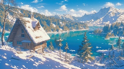唯美治愈温馨雪原烟囱小屋