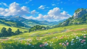 高山草原蓝天白云鲜花草坡