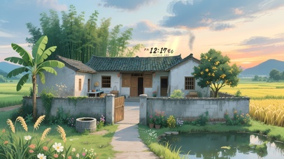 乡村稻穗池塘小屋