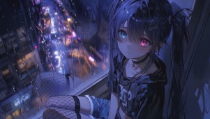 雨中城市窗边异瞳少女