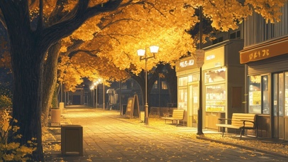 夜晚街边银杏树