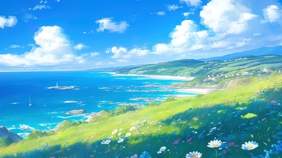 纯净海边鲜花草坡