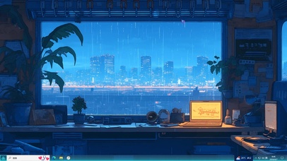 4K动漫城市雨夜电脑房间主题