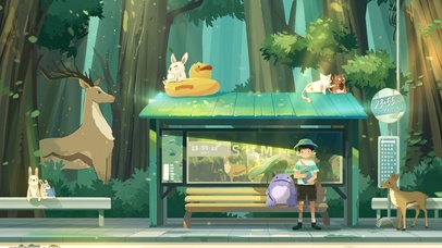 小男孩和动物们在等车